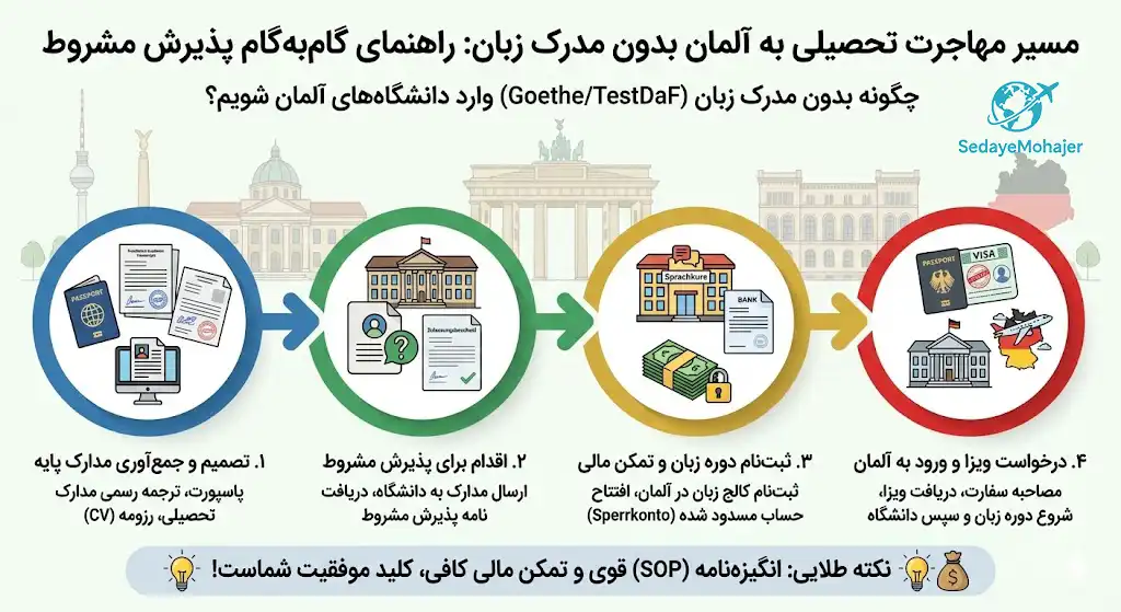 اینفوگرافیک مدارک لازم برای مهاجرت تحصیلی به آلمان بدون مدرک زبان، صدای مهاجر